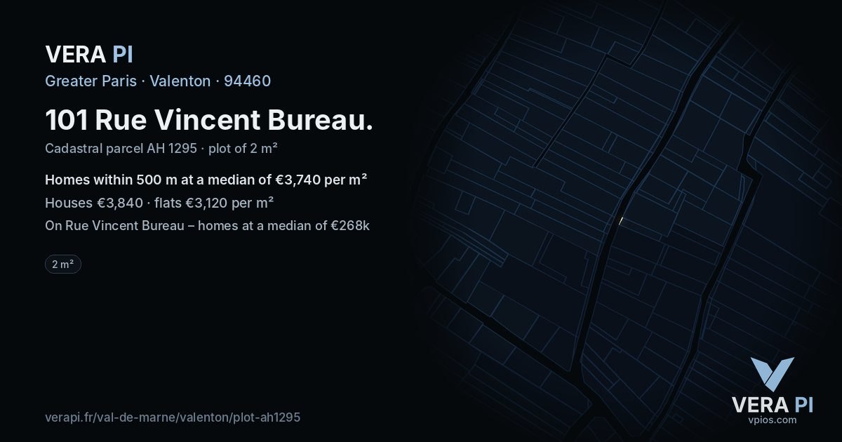 101 Rue Vincent Bureau, Valenton at night – the plot lit, the parcels around coloured by the prices near them