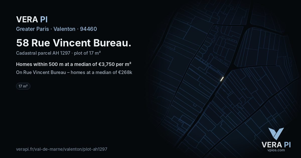 58 Rue Vincent Bureau, Valenton at night – the plot lit, the parcels around coloured by the prices near them