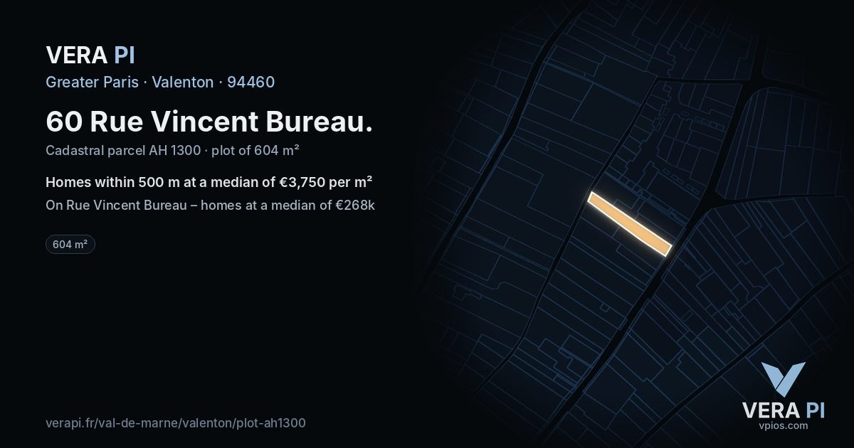 60 Rue Vincent Bureau, Valenton at night – the plot lit, the parcels around coloured by the prices near them