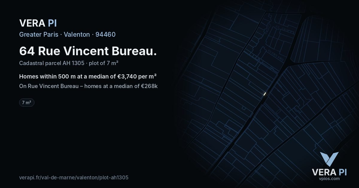 64 Rue Vincent Bureau, Valenton at night – the plot lit, the parcels around coloured by the prices near them