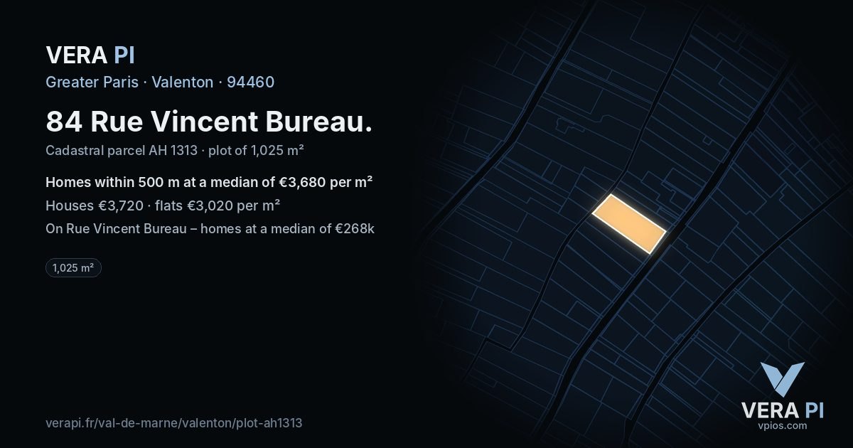 84 Rue Vincent Bureau, Valenton at night – the plot lit, the parcels around coloured by the prices near them
