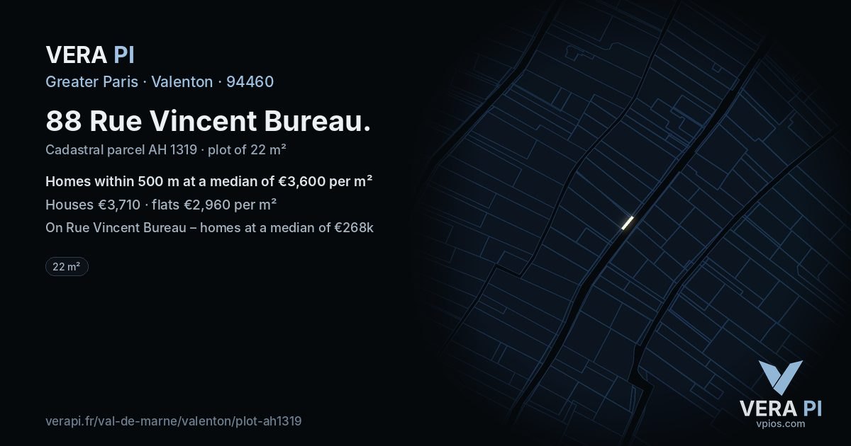 88 Rue Vincent Bureau, Valenton at night – the plot lit, the parcels around coloured by the prices near them