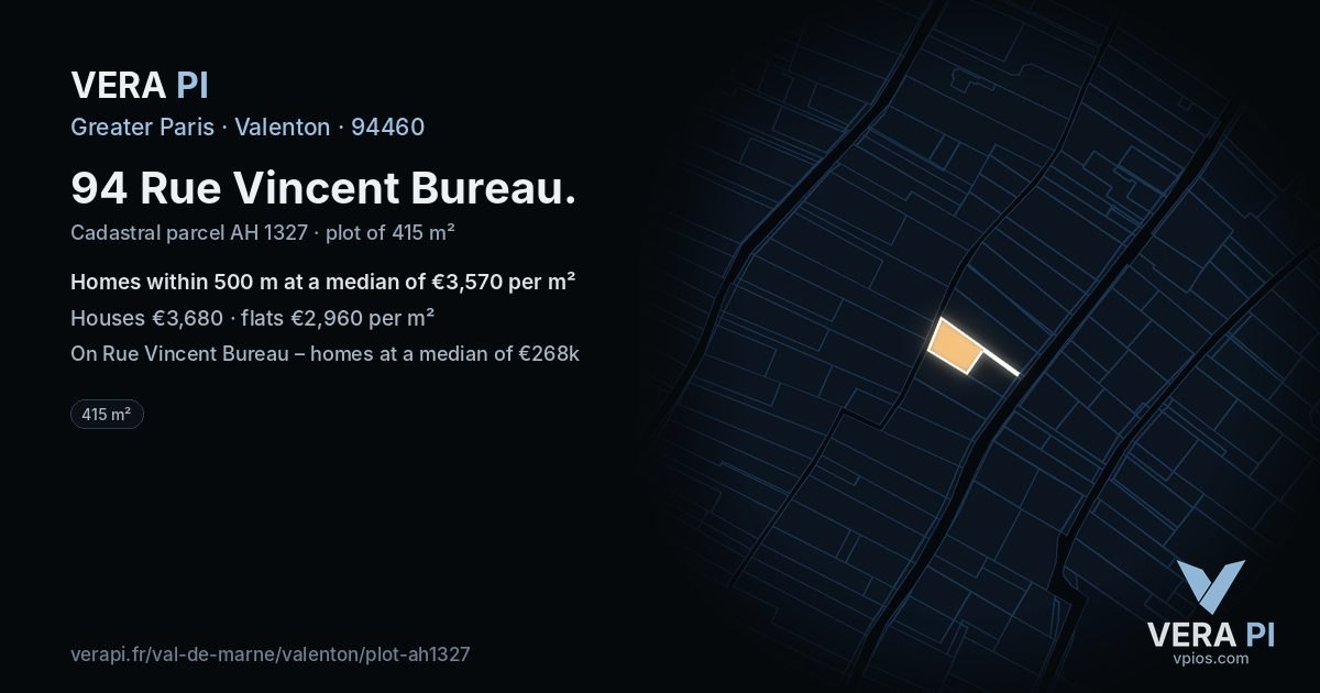 94 Rue Vincent Bureau, Valenton at night – the plot lit, the parcels around coloured by the prices near them