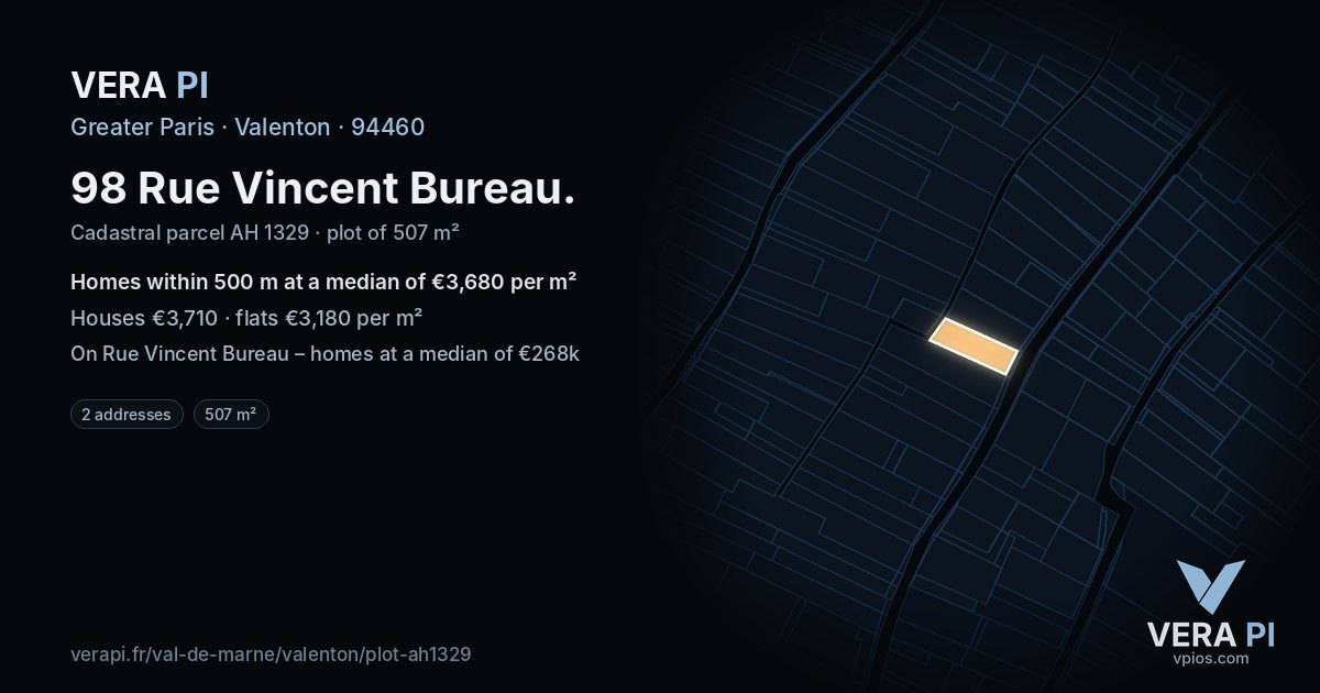 98 Rue Vincent Bureau, Valenton at night – the plot lit, the parcels around coloured by the prices near them