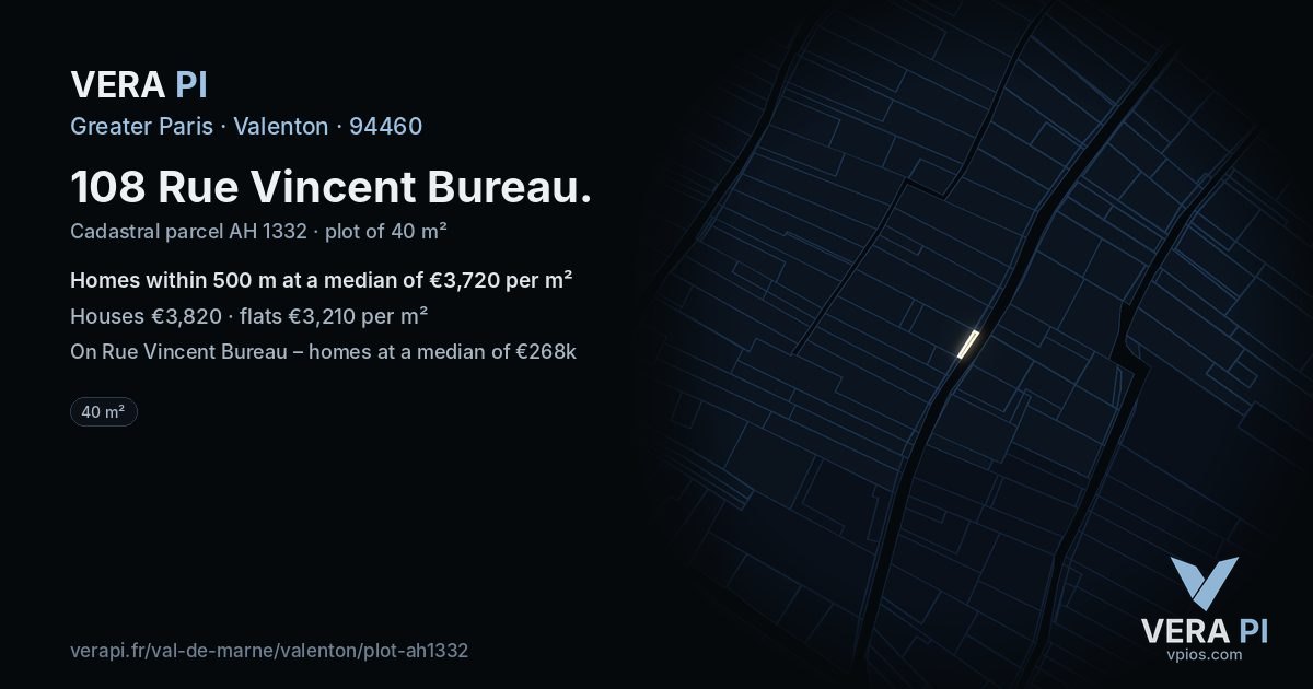 108 Rue Vincent Bureau, Valenton at night – the plot lit, the parcels around coloured by the prices near them