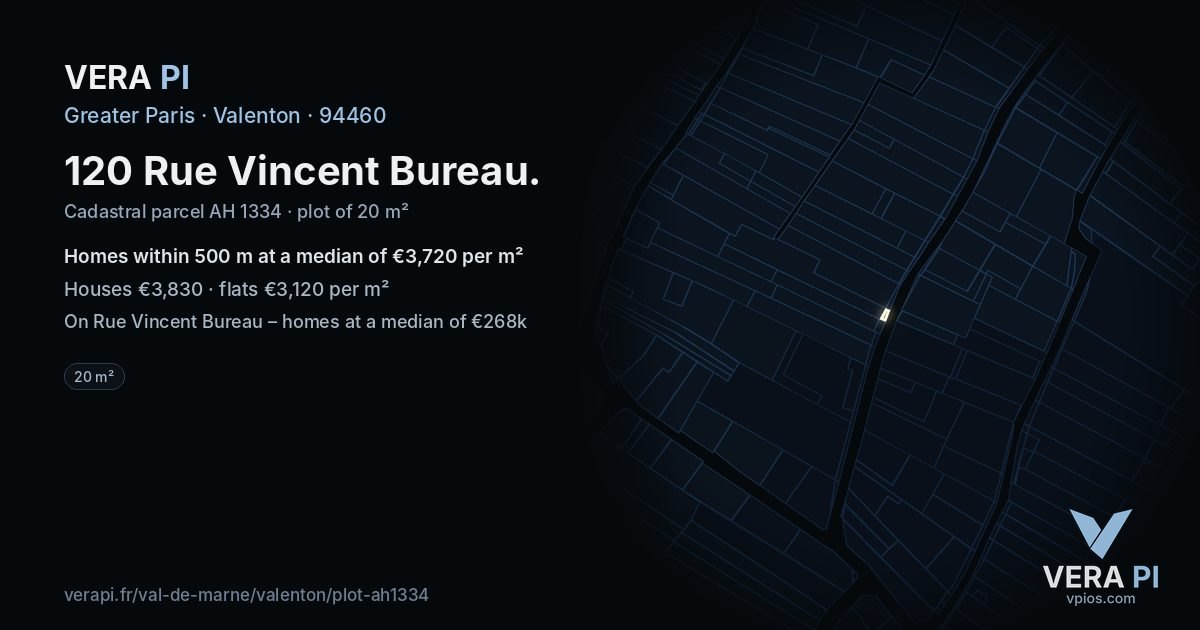 120 Rue Vincent Bureau, Valenton at night – the plot lit, the parcels around coloured by the prices near them