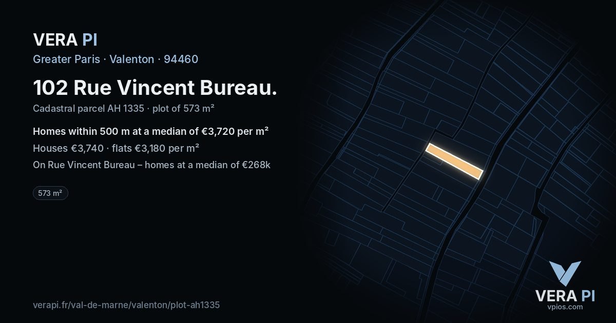 102 Rue Vincent Bureau, Valenton at night – the plot lit, the parcels around coloured by the prices near them