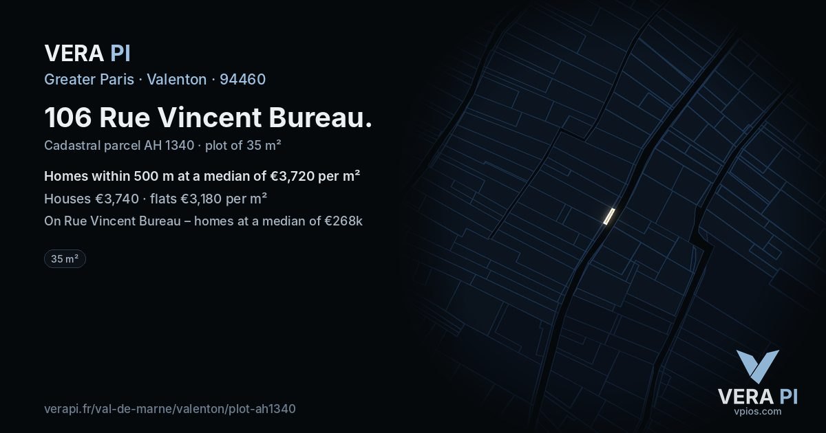 106 Rue Vincent Bureau, Valenton at night – the plot lit, the parcels around coloured by the prices near them