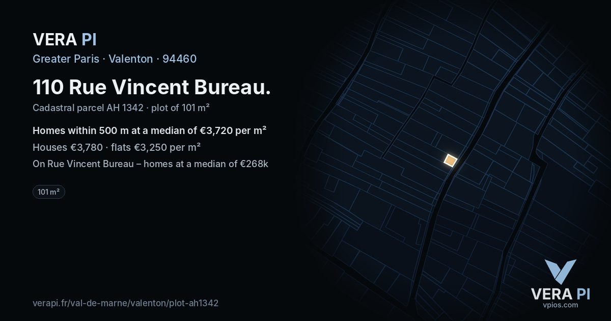 110 Rue Vincent Bureau, Valenton at night – the plot lit, the parcels around coloured by the prices near them
