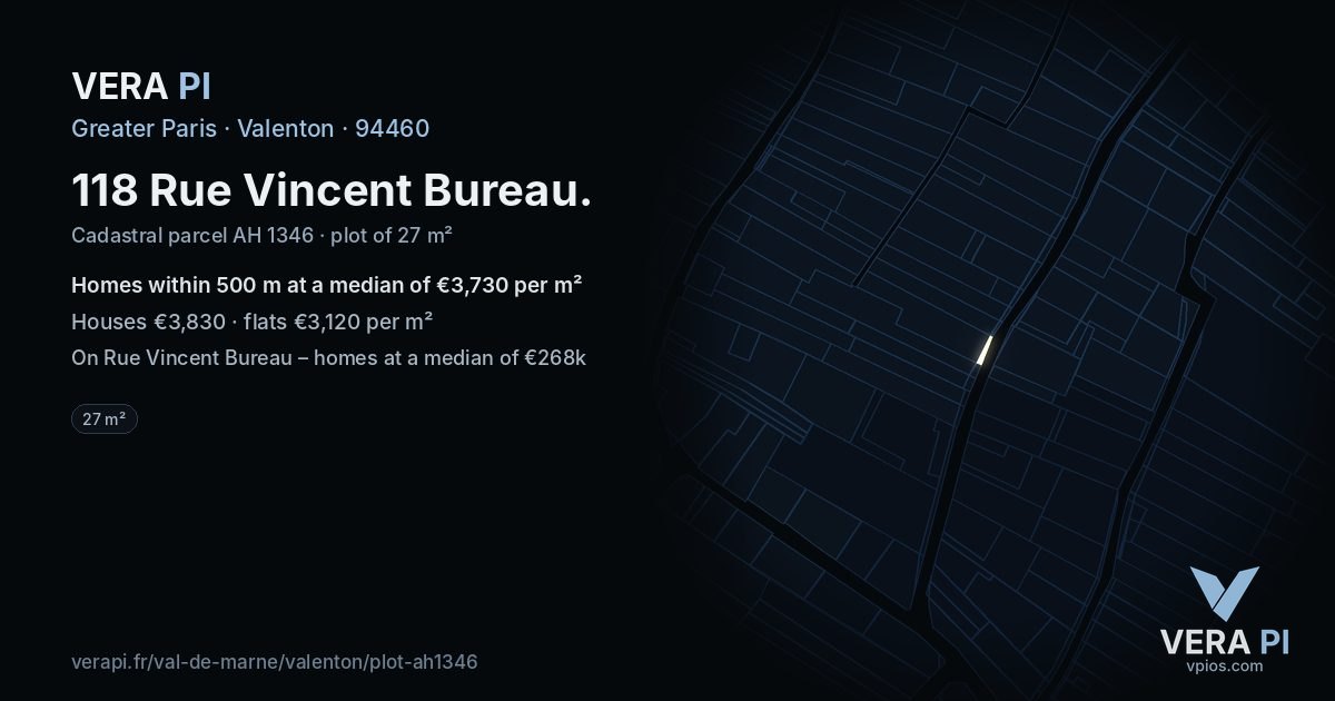 118 Rue Vincent Bureau, Valenton at night – the plot lit, the parcels around coloured by the prices near them