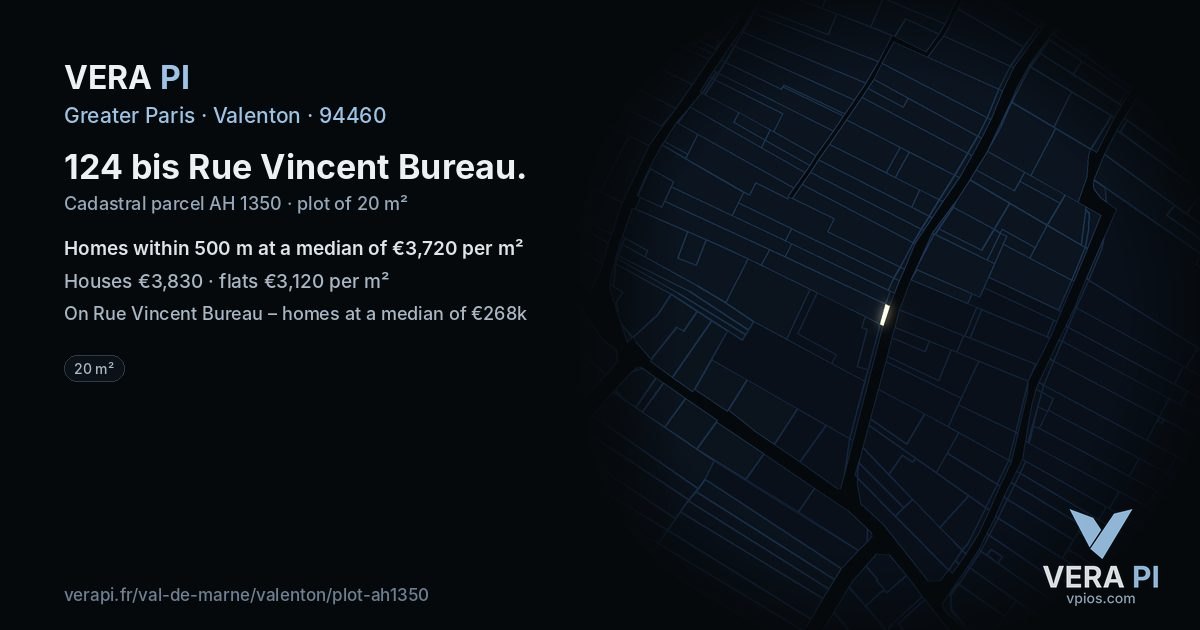 124 bis Rue Vincent Bureau, Valenton at night – the plot lit, the parcels around coloured by the prices near them