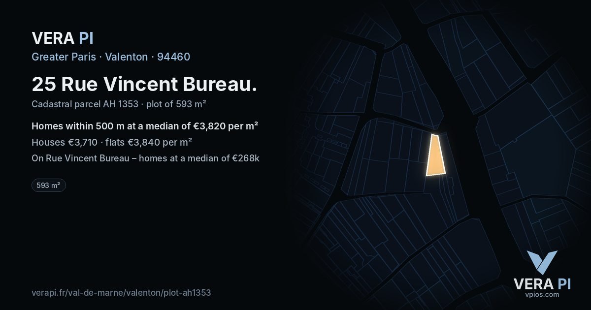 25 Rue Vincent Bureau, Valenton at night – the plot lit, the parcels around coloured by the prices near them