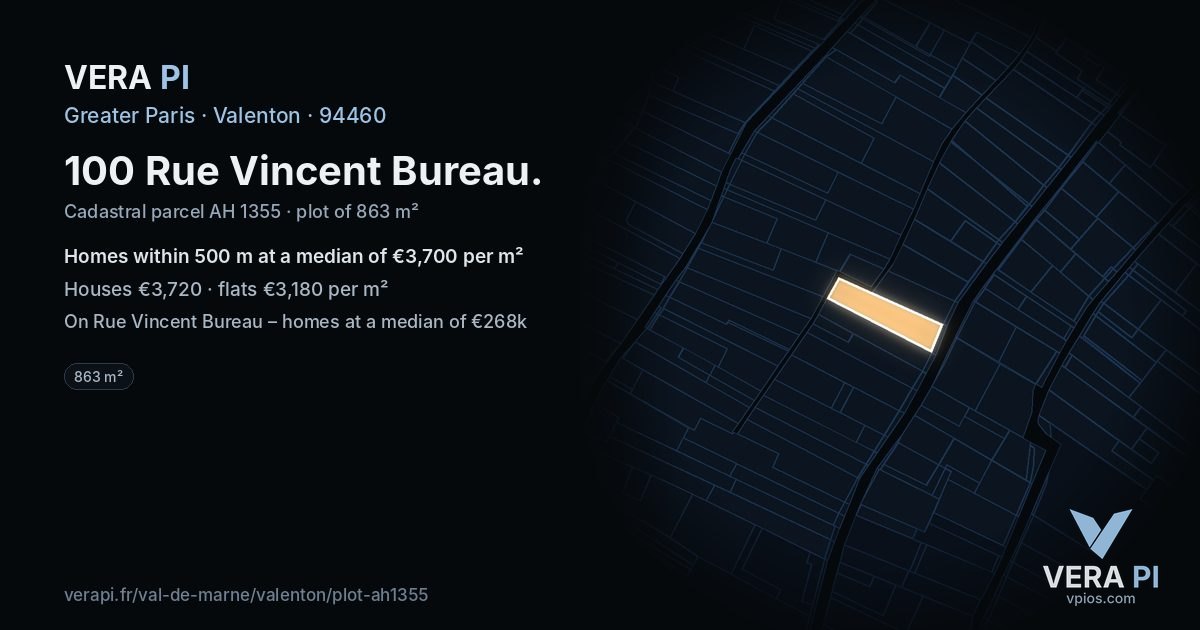 100 Rue Vincent Bureau, Valenton at night – the plot lit, the parcels around coloured by the prices near them