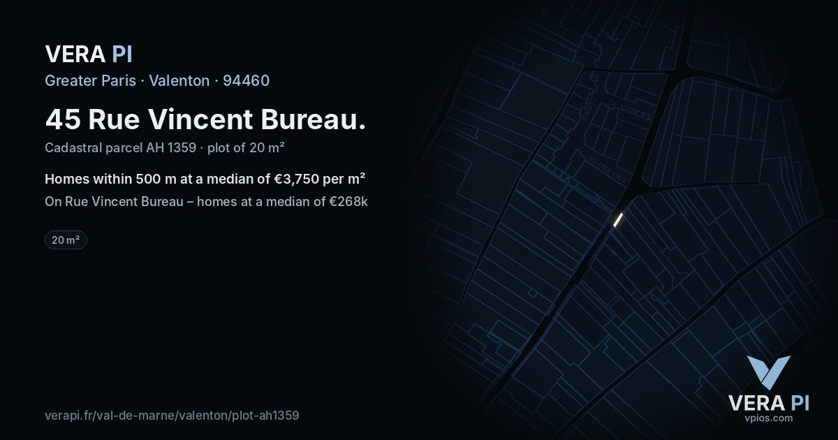 45 Rue Vincent Bureau, Valenton at night – the plot lit, the parcels around coloured by the prices near them