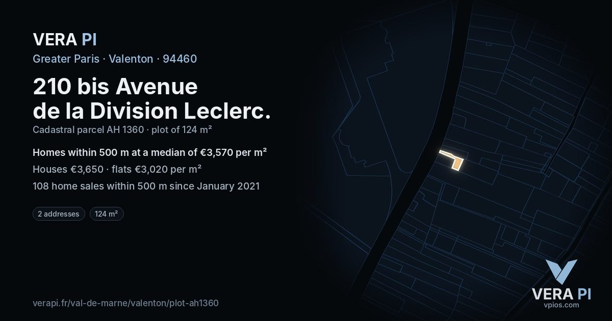 210 bis Avenue de la Division Leclerc, Valenton at night – the plot lit, the parcels around coloured by the prices near them
