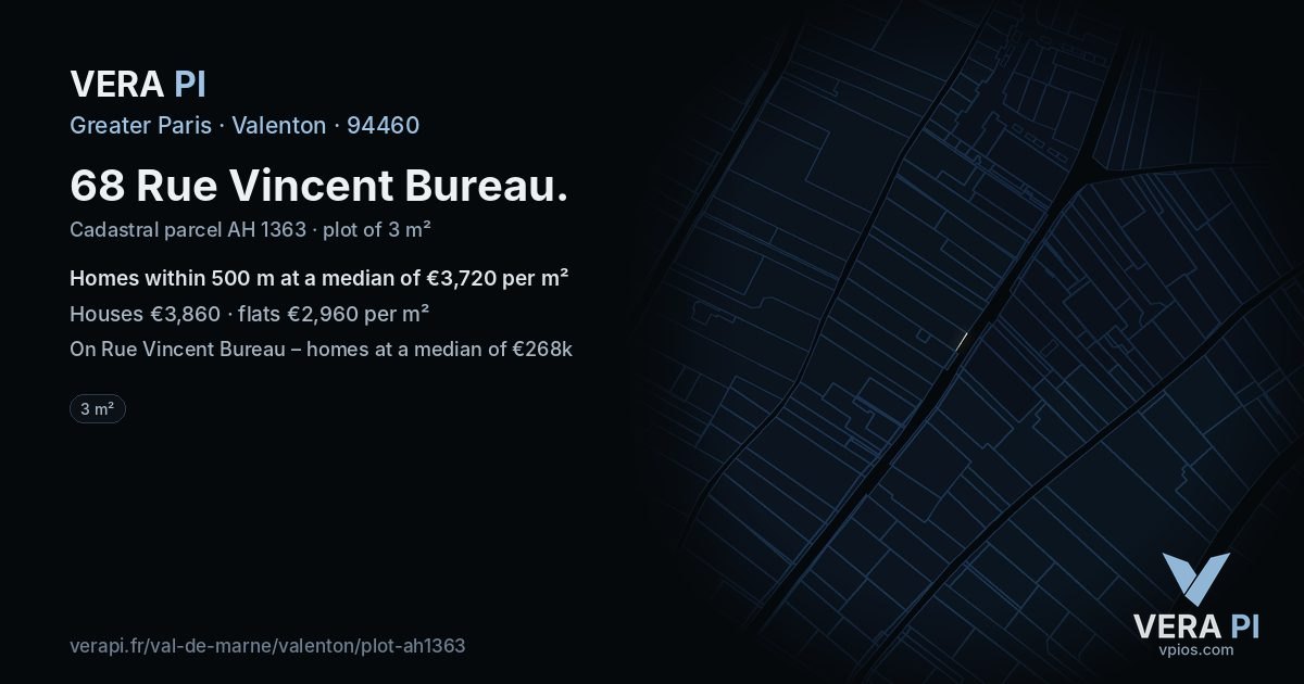68 Rue Vincent Bureau, Valenton at night – the plot lit, the parcels around coloured by the prices near them