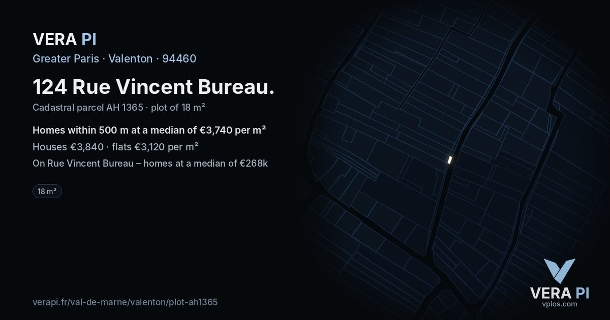 124 Rue Vincent Bureau, Valenton at night – the plot lit, the parcels around coloured by the prices near them