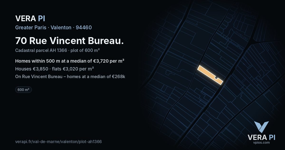 70 Rue Vincent Bureau, Valenton at night – the plot lit, the parcels around coloured by the prices near them