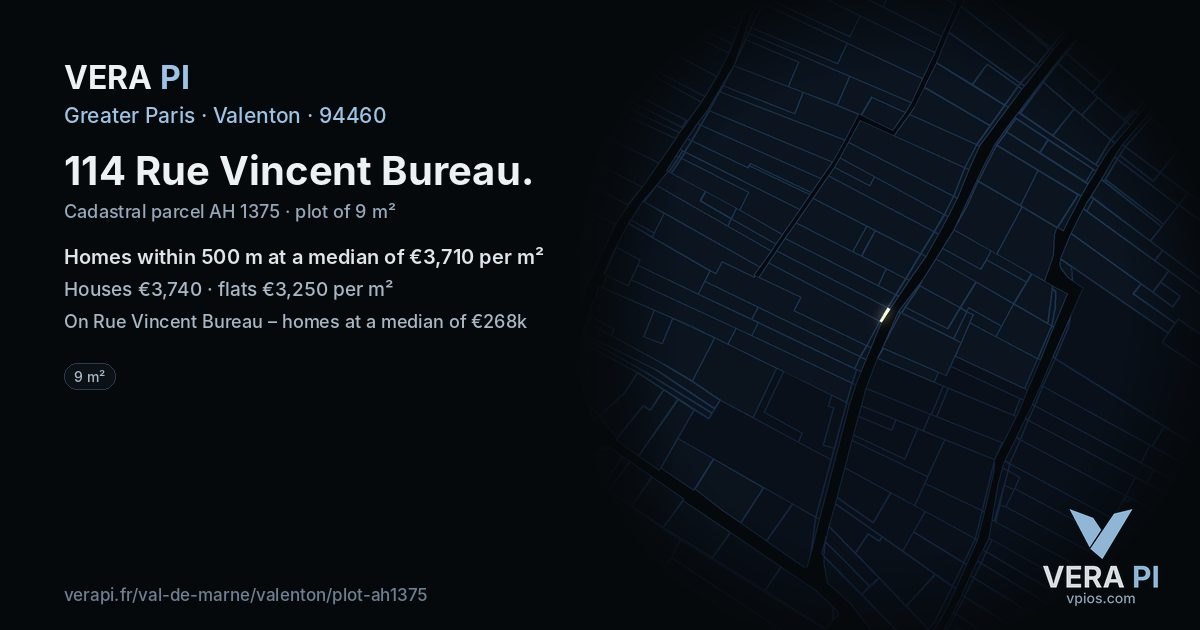 114 Rue Vincent Bureau, Valenton at night – the plot lit, the parcels around coloured by the prices near them