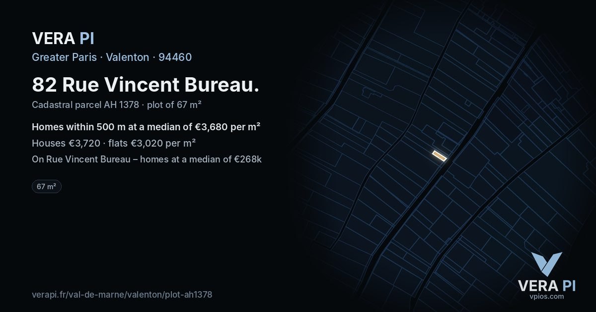 82 Rue Vincent Bureau, Valenton at night – the plot lit, the parcels around coloured by the prices near them