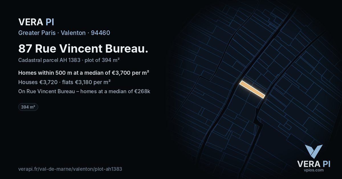 87 Rue Vincent Bureau, Valenton at night – the plot lit, the parcels around coloured by the prices near them