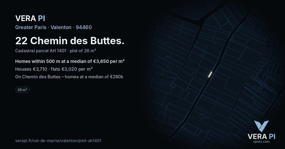 22 Chemin des Buttes, Valenton at night – the plot lit, the parcels around coloured by the prices near them
