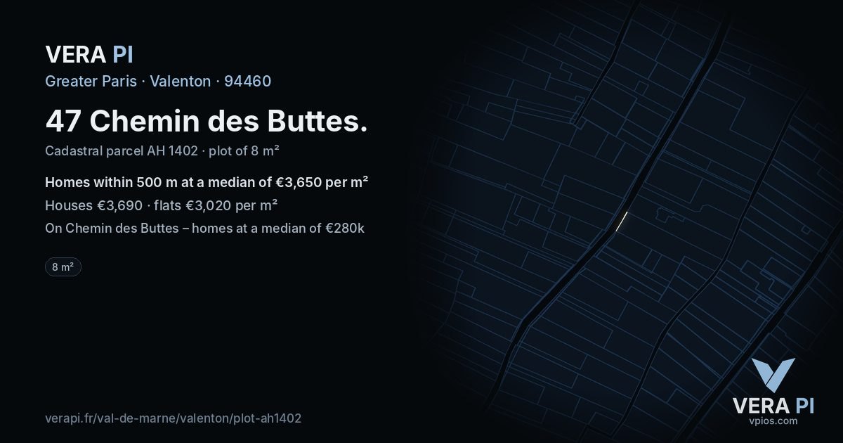 47 Chemin des Buttes, Valenton at night – the plot lit, the parcels around coloured by the prices near them