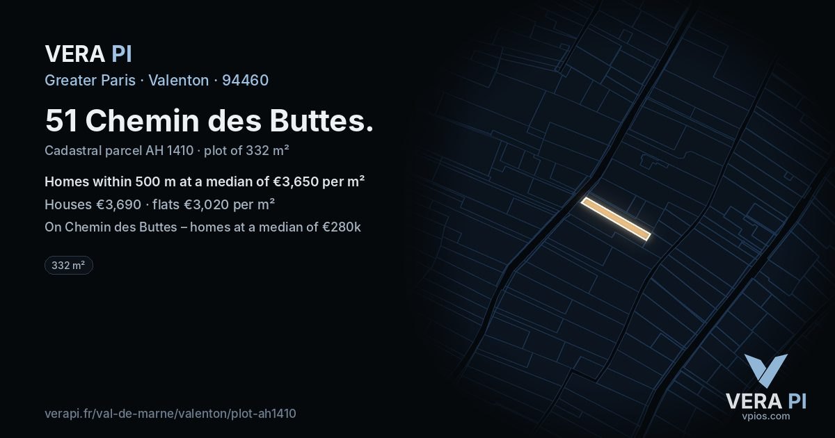 51 Chemin des Buttes, Valenton at night – the plot lit, the parcels around coloured by the prices near them