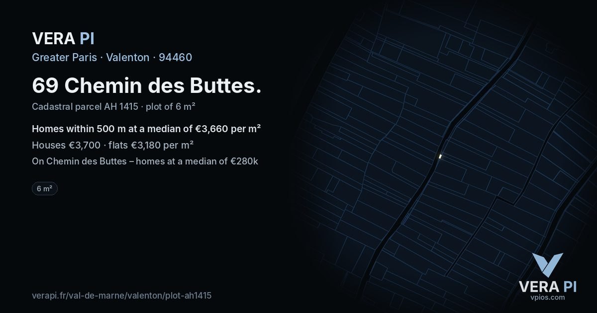 69 Chemin des Buttes, Valenton at night – the plot lit, the parcels around coloured by the prices near them