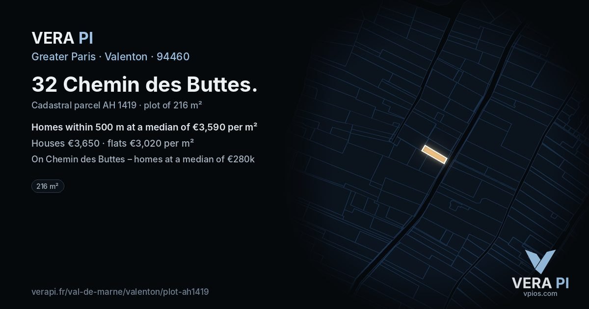 32 Chemin des Buttes, Valenton at night – the plot lit, the parcels around coloured by the prices near them