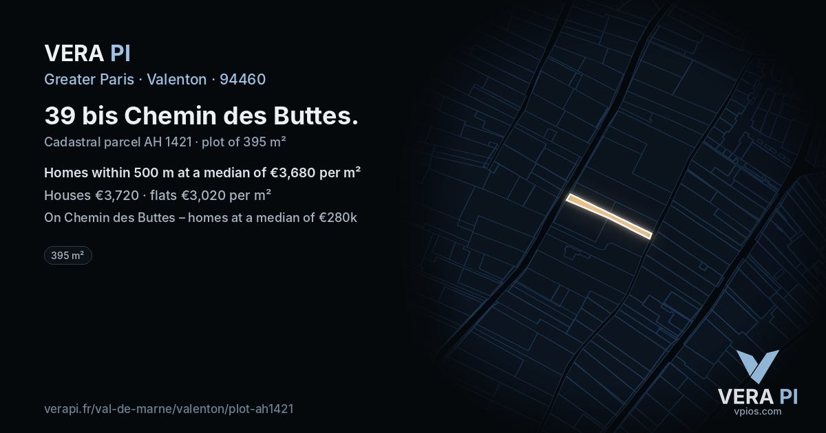 39 bis Chemin des Buttes, Valenton at night – the plot lit, the parcels around coloured by the prices near them