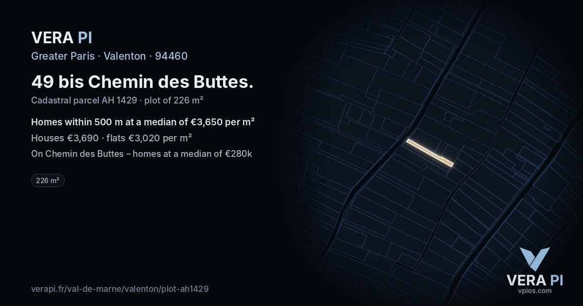 49 bis Chemin des Buttes, Valenton at night – the plot lit, the parcels around coloured by the prices near them