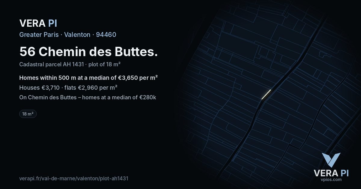 56 Chemin des Buttes, Valenton at night – the plot lit, the parcels around coloured by the prices near them