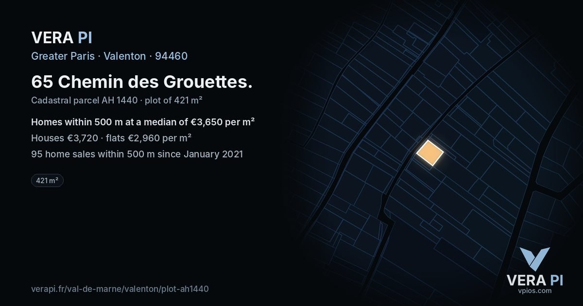 65 Chemin des Grouettes, Valenton at night – the plot lit, the parcels around coloured by the prices near them