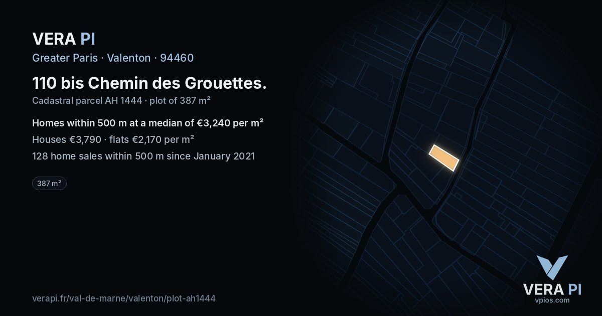 110 bis Chemin des Grouettes, Valenton at night – the plot lit, the parcels around coloured by the prices near them