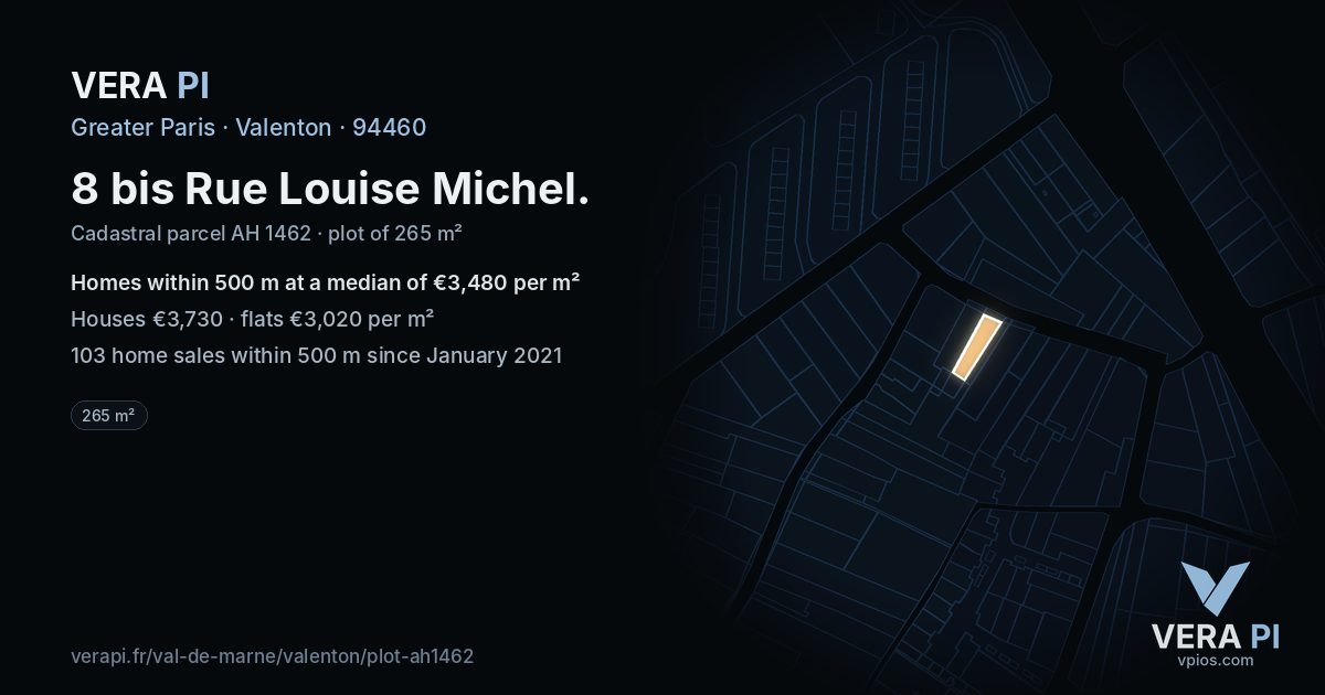 8 bis Rue Louise Michel, Valenton at night – the plot lit, the parcels around coloured by the prices near them