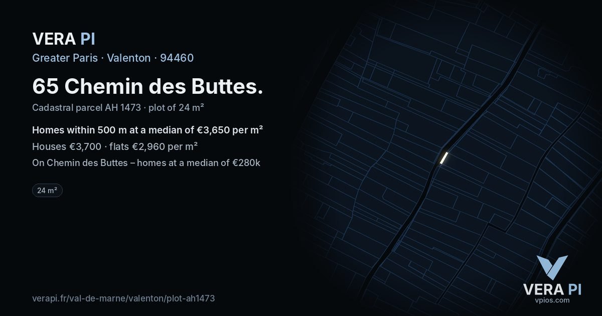 65 Chemin des Buttes, Valenton at night – the plot lit, the parcels around coloured by the prices near them