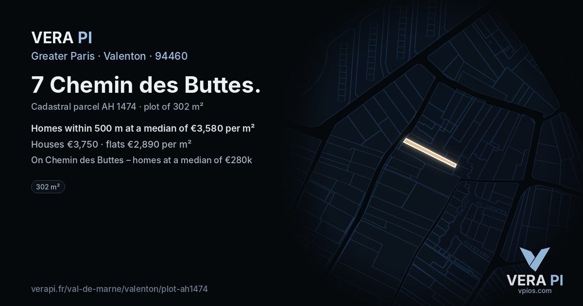 7 Chemin des Buttes, Valenton at night – the plot lit, the parcels around coloured by the prices near them