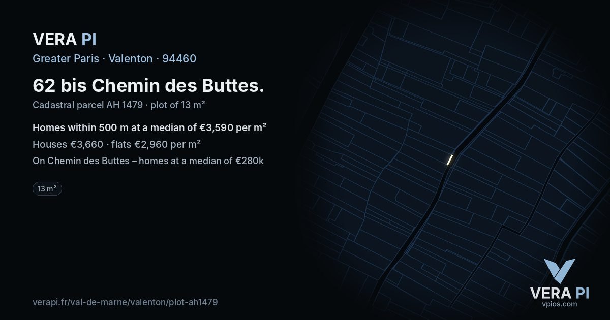 62 bis Chemin des Buttes, Valenton at night – the plot lit, the parcels around coloured by the prices near them