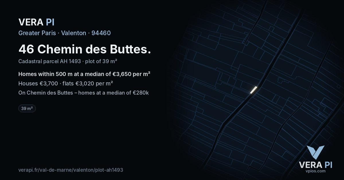 46 Chemin des Buttes, Valenton at night – the plot lit, the parcels around coloured by the prices near them