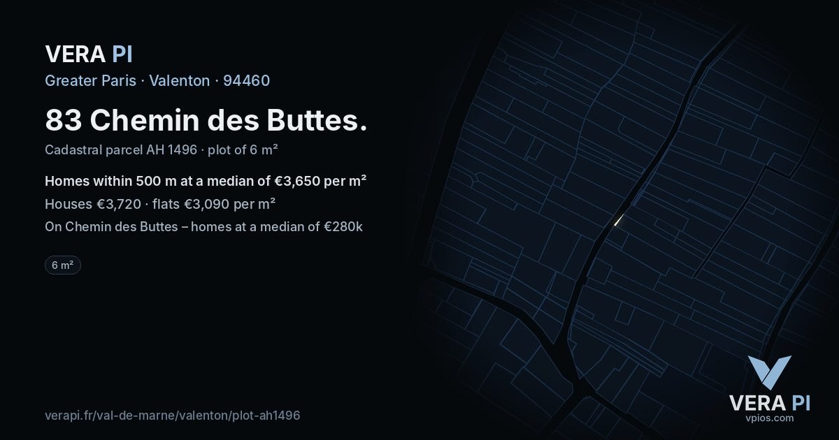 83 Chemin des Buttes, Valenton at night – the plot lit, the parcels around coloured by the prices near them