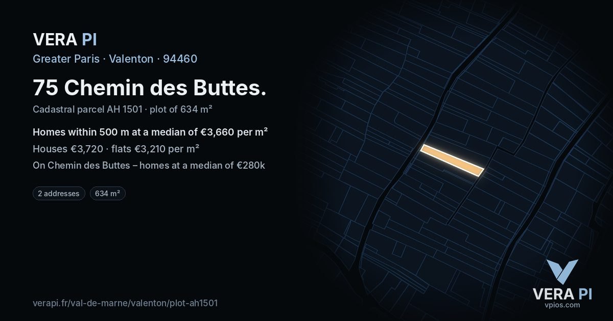75 Chemin des Buttes, Valenton at night – the plot lit, the parcels around coloured by the prices near them