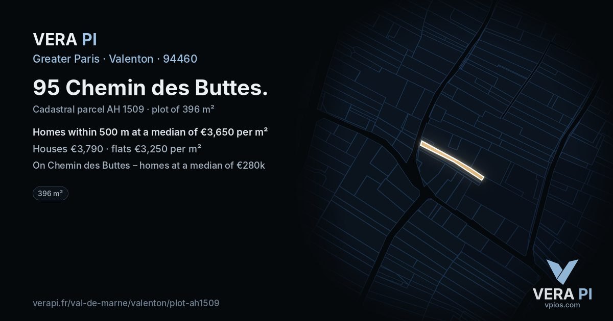 95 Chemin des Buttes, Valenton at night – the plot lit, the parcels around coloured by the prices near them