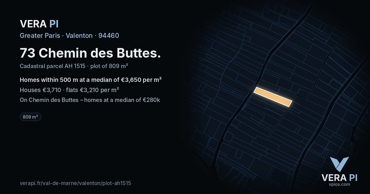 73 Chemin des Buttes, Valenton at night – the plot lit, the parcels around coloured by the prices near them