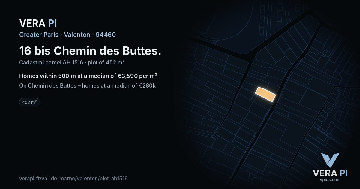 16 bis Chemin des Buttes, Valenton at night – the plot lit, the parcels around coloured by the prices near them