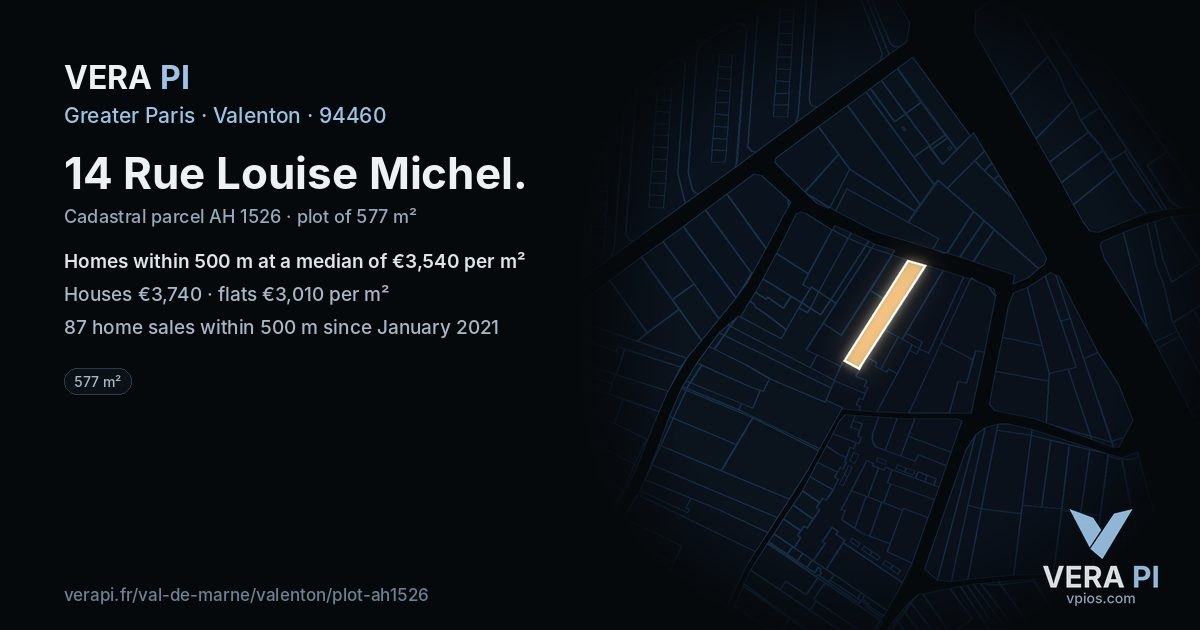 14 Rue Louise Michel, Valenton at night – the plot lit, the parcels around coloured by the prices near them