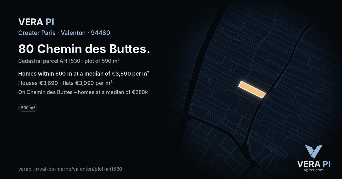 80 Chemin des Buttes, Valenton at night – the plot lit, the parcels around coloured by the prices near them
