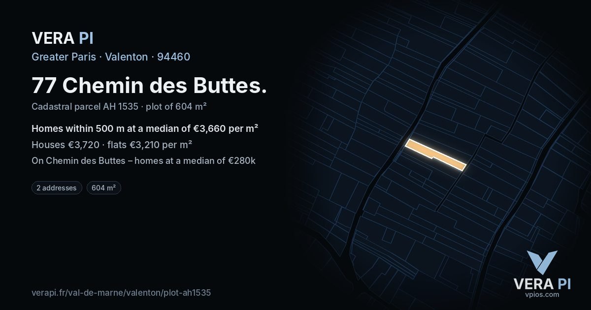 77 Chemin des Buttes, Valenton at night – the plot lit, the parcels around coloured by the prices near them