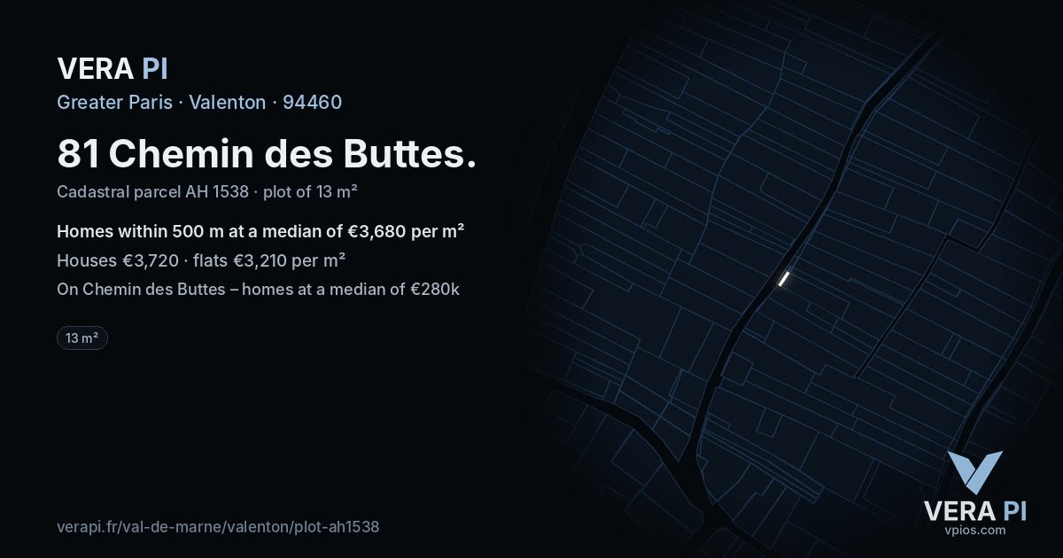 81 Chemin des Buttes, Valenton at night – the plot lit, the parcels around coloured by the prices near them
