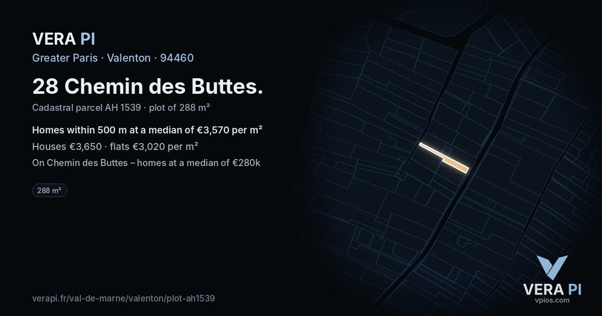 28 Chemin des Buttes, Valenton at night – the plot lit, the parcels around coloured by the prices near them